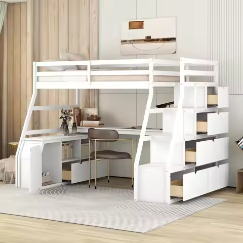 Twin Loft Bed. Twin Loft Bed with Stairs &Desk, Wood Loft Bed Frame with Storage Drawers and Cabinet