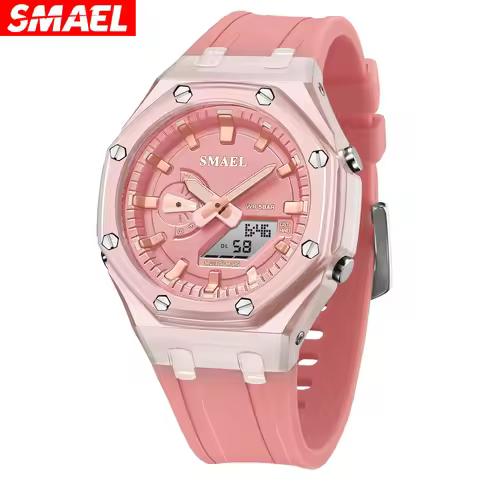 SMAEL Quartz Watch Women Dual Time Fashion Casual Silicone Digital Strap Back Light Student Girl Spo