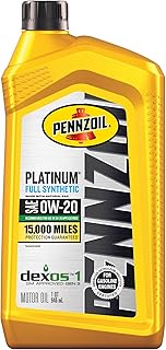 Pennzoil Platinum Full Synthetic Motor Oil (SAE, SN) 0W-20, 1 Quart - Pack of 1