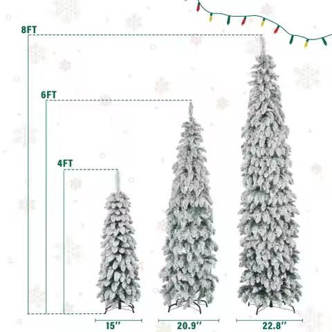 8FT/ 6FT/ 4FT Pre-Lit Pencil Christmas Trees, 3-set Slim Artificial Christmas Tree With Snow Flockin