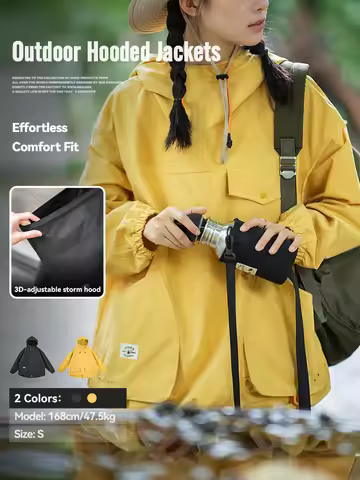 Maden Yellow Windproof Hooded Sweatshirt for Women Outdoor Sports Hiking Loose Multi-Pocket Jacket C