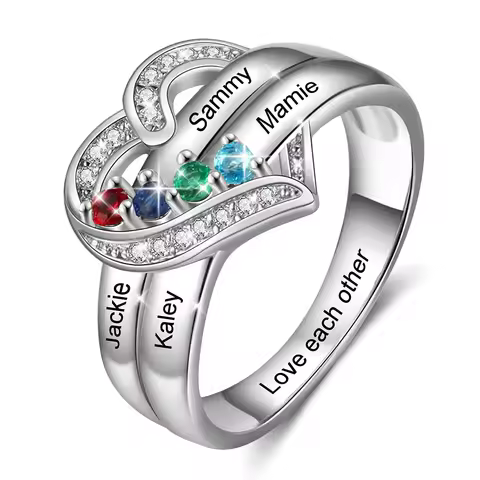 Personalized 1-8 Birthstone Rings Silver Heart Custom Engraved Name Family for Mother Days Aniversar