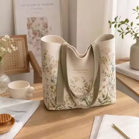 New Cotton Canvas Canvas Tote Bag Green Daisy Print Durable Shoulder Handbag Lightweight Travel Bag 