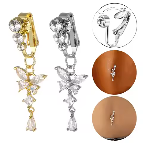 1Pcs Clip On Belly Button Ring Butterfly Shape Zircon Fake Belly Piercing Umbilical Navel Body Jewel