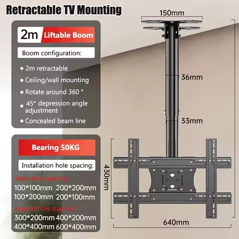 Ceiling TV Mount Full Motion TV Bracket for Most 32-75" Flat Curved TVs/Monitors Swivel Tilt Height 