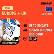 SIMPLY  [eSIM] Europe 1-30 Days | Daily: 500MB-3GB/Day | Total: 3GB-50GB (4G/5G) Data