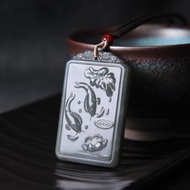 和田玉煙紫吊墜項鏈魚戲荷花雕刻方牌帶證書玉質溫潤油足料細