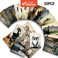 Vintage 32pcs Chic Watercolor Cats, Thick Cardstock, High-definition Printing, Decorative Stickers, 