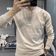 Long Sleeve T-Shirt Henry Shirt Men British Style 3 Buttons Henry Collar Solid Color Casual Bottomin