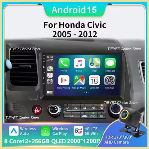 Android 15 For Honda Civic 8 FK FN FD 2005 - 2012 2K QLED Android Car Radio Multimedia Video Player 
