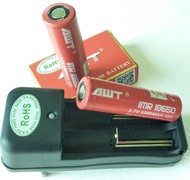 ถ่านชาร์จ AWT 18650 3.7V 3000 mAh 40A  สีแดง 2 ก้อน + แท่นชาร์จ 2 ช่อง 1 อัน