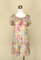 貞新二手衣 FIVE PENCE 五個銅貨 粉紅花朵圓領短袖雪紡紗洋裝L(40號)(16517)