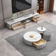 Italian Style Living Room Light Luxury Rock Board New TV Cabinet Tea Table Combination Home Round Co