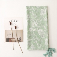 Healing Pastel Scarf Women Mint Green Floral Print with Tassels Gentle Relaxing Fashion Accessory