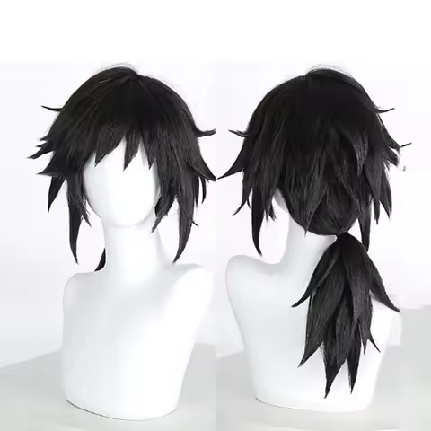 HAIRJOY Synthetic Hair Wig Tomioka Giyuu Cosplay Wig Short Black Wigs Rose Net