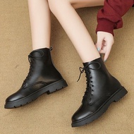 QiaoYiLuo รองเท้าบูทมาร์ติน รองเท้าบูทกันหนาว ข้อสั้น แบบผูกเชือก หนัง PU หนุ่มนิ่ม ระบายอากาศได้ดี สีดำ แฟชั่นสำหรับผู้หญิง