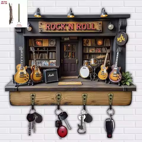 Wall Rock 'n Roll Guitar Shop Key Holder, 2D Flat Print Mounted Key Rack with 4 Hooks, Music Lover H