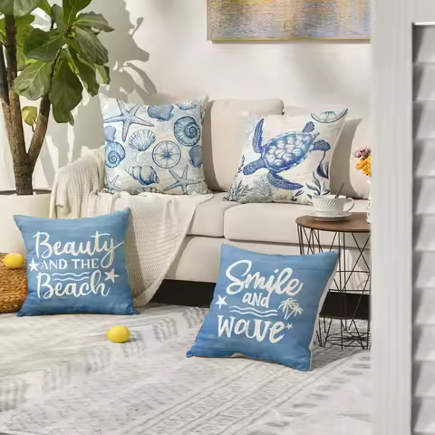 4pc Summer Ocean Turtle Smile and Wave Toss Cushion CoverSuitable for sofa car bedroom decorative cu