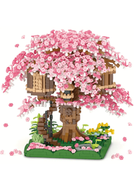 櫻花盆景樹 Diy 粉紅色櫻花樹屋微型積木套裝 - 3d 教育益智玩具模型 - 情人節和聖誕節禮物 - 1 件