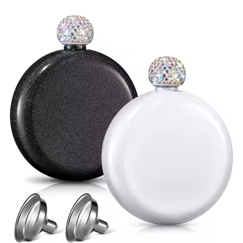 LMETJMA Chic 5 OZ Liquor Flasks for Women Stainless Steel Hip Flask with Rhinestone Cap Portable Win