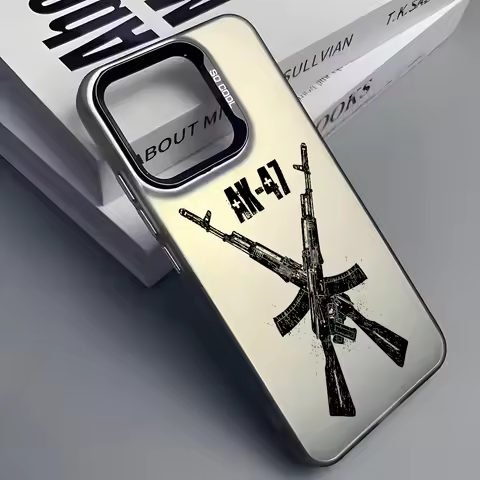AK47 Handgun Gun Phone Case For iPhone 16 15 14 13 12 11 Pro Max Black Matte Multicolor Laser Metall