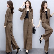 Blazer Set Women Plaid Suit Blazer Thin Coat + Long Pants Sets Premium Formal Business Suit Office Plus Size