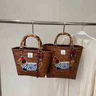 Fashionable Handwoven Bamboo Handle Basket Bag Beach Vacation Tropical Fruit Sausage Dog Design Soft