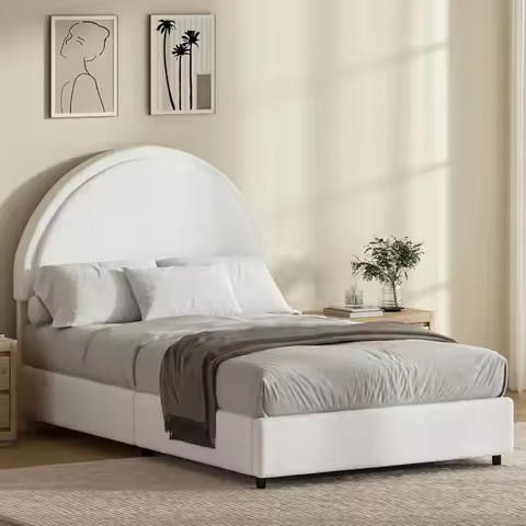 Bed Frames with Round Headboard, Boucle Upholstered Bed Frame, White Boucle Bed Frame for Kids, Soft