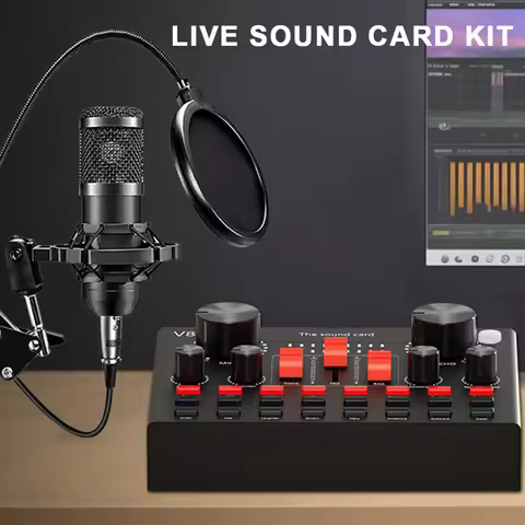 All-in-One Voice Changer Microphone Kit Audio Mixer V8K Live Sound Card with BM800 Microphone for Mu