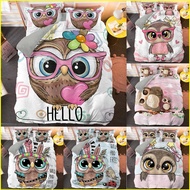 ST2 Cute owls 3IN1 Bed Sheet Quilt Cover Pillowcase Premium Quality Bedding Set Home Bedroom Washabl