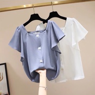 S-2XL Sweet Squared Neck Plus Size Chiffon Blouse with Button