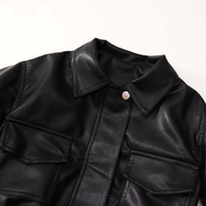 (QCCC) Super cool black leather bomberJacket with elastic waistband for boys - AK073