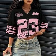 Women's Casual V-Neck Loose Cropped 5/8 Sleeve Mesh T-Shirt, Suitable For Summer, Suitable For Sport