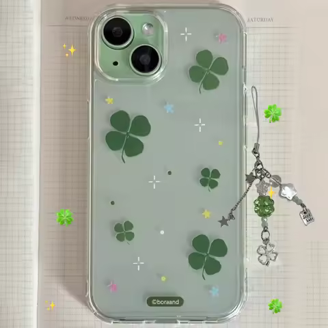 Korean Ins Cute Green Four Leaf Clover Cartoon Luck Phone Case For iPhone 17 AIR 16 15 14 13 12 11 P