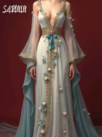 Dreamy V Neck Evening Dress Romantic Blooms Off the Shoulder A Line Prom Gown Chic Golden Lace Custo