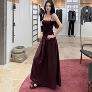 French-style Mature Lady Solid Color Low-neck Heavy Duty Patchwork Slip Dress
