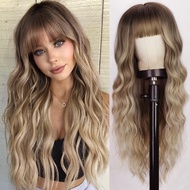 Lativ Blonde Wig With Bangs Long Wavy Curly Ombre Wig with Dark Root Synthetic Heat Resistant Wigs f