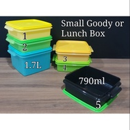 Tupperware Small Goody or Lunch Box  • 790ml (1) - S$12.00 19.2cm(L) × 16.3cm(W) × 5.8cm(H)  • 1.7L (1) - S$15.00
