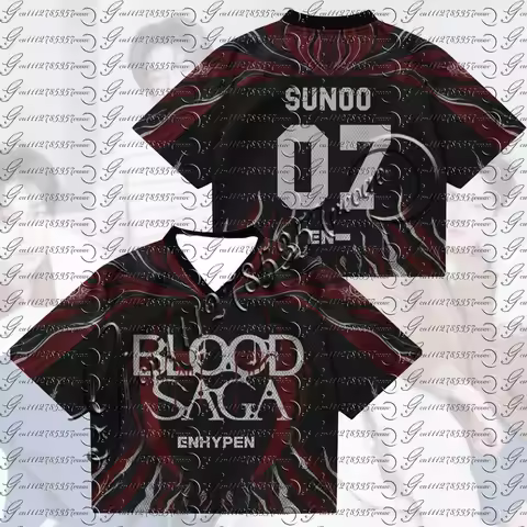 ENHYPEN Blood Saga Kpop Jersey 3D Print Baseball Uniform Black Red V-neck Short Sleeve Shirt For Fan