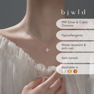 BJWLD S999 Silver Penny Embellished Lucky Clover Pendant Necklace (1 set) Rantai Leher Kalung Perak