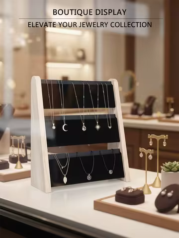 3-Tier Wooden Necklace Organizer with Black Velvet Lining, 24-Slot Tangle-Free Jewelry Display Stand