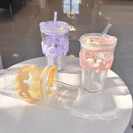 BTL020 HOHO 450ml Glass Tumbler Aesthetic Coffee Cup with Lid and Glass Straw