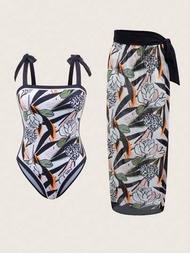 Set de traje de baño de una pieza con tirantes espagueti y estampado floral para mujeres de 2 piezas con falda cubierta anudada para vacaciones en la playa