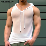 INCERUN Mens Sport Versatile See Through Mesh Hoodie Leisure Sleeveless Solid Tanks (Western Style)