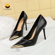 VRAIEMODE elegant High-Heeled Shoes with metal toe Women Pumps embossed Ladies Stiletto High Heels f