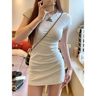 Jin Liang Official 40 Count 92% Cotton 8% Spandex Ribbed Fabric Short-Sleeved A-Line Dress