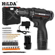 Hilda Dual Speed bor listrik murah promo bor baterai mesin tanpa kabel Impact Drill Cordless Drill Koper 2 Baterai bor tangan listrik