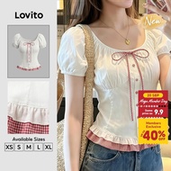 (New Arrival) Lovito Casual Plaid Short Sleeve U Neck Lace up Pattern Lettuce Trim Spring Summer Wee