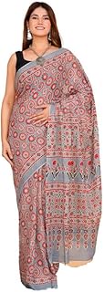 Hand Printed Ajrak Printed Women Mulmul Cotton Sarees for Women with Blouse Piece 1760, Multi 28, On