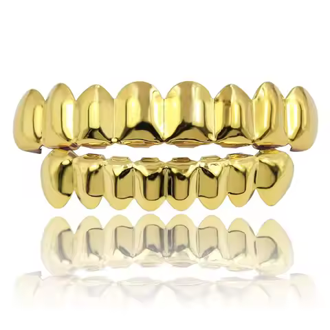 Unisex Glossy Finish Teeth Grillz Top Bottom Set Eco-friendly Copper Shiny Teeth Grillz Caps Gold Si